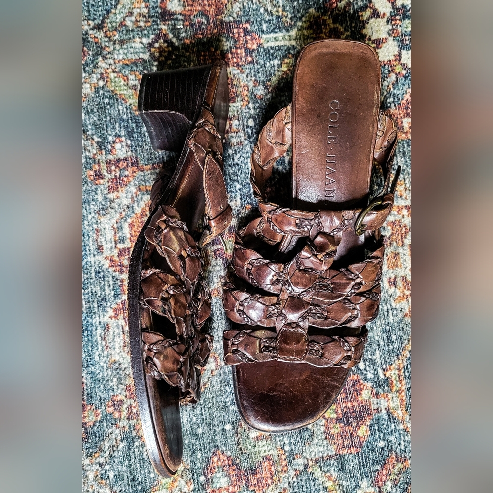 Cole Haan Dark Brown Braided Slide on Sandals with Chunky Heel size 7.5